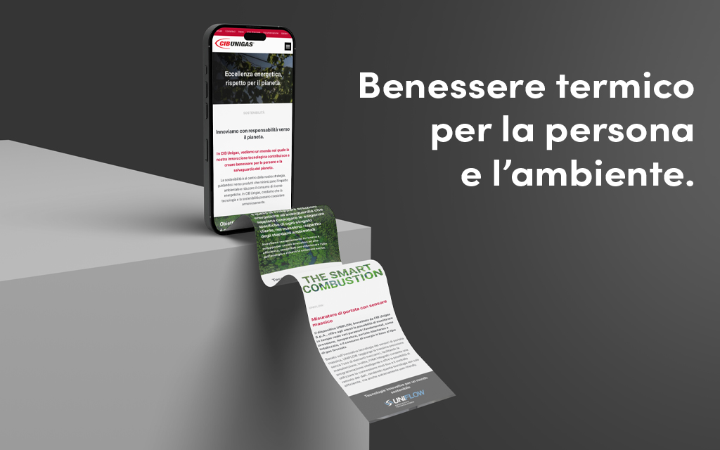 Mockup mobile del sito CIB Unigas realizzato da Aera Comunicazione, con il claim “Benessere termico per la persona e l’ambiente”.