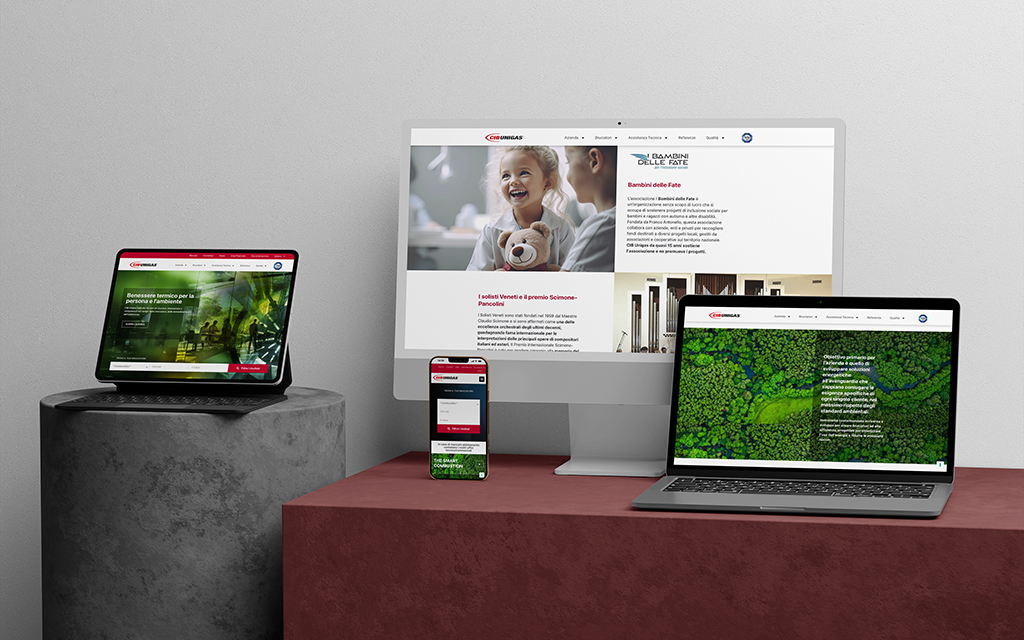 Mockup del sito CIB Unigas su desktop, laptop e mobile, realizzato da Aera Comunicazione con design responsive e user experience ottimizzata.