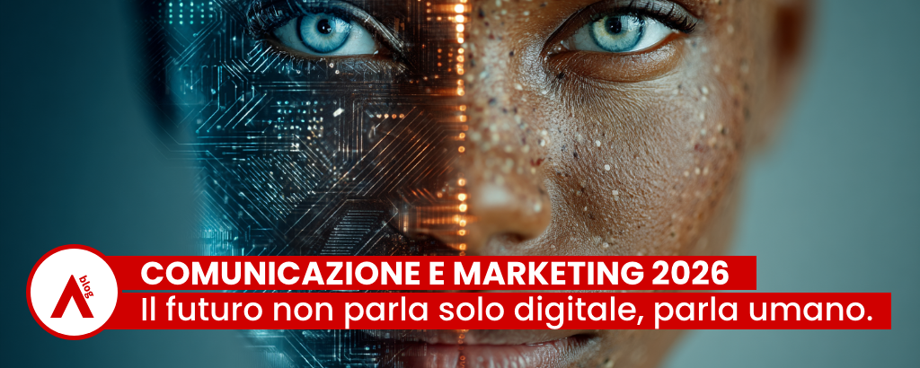 Illustrazione concettuale che rappresenta l’unione tra tecnologia e umanità nella comunicazione del 2026.